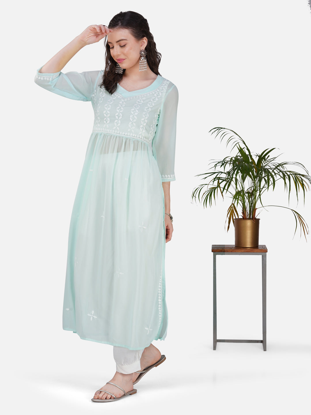 Aqua Blue Nyra Cut Lucknowi Chikankari Kurta