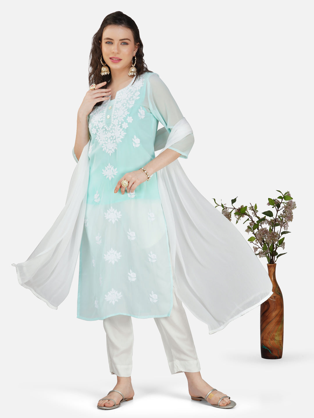 Aqua Blue Lucknowi Chikankari Embroidered Kurta Set