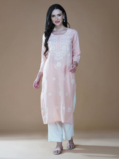 Peach Bliss Cotton Chikankari Embroidered Kurti