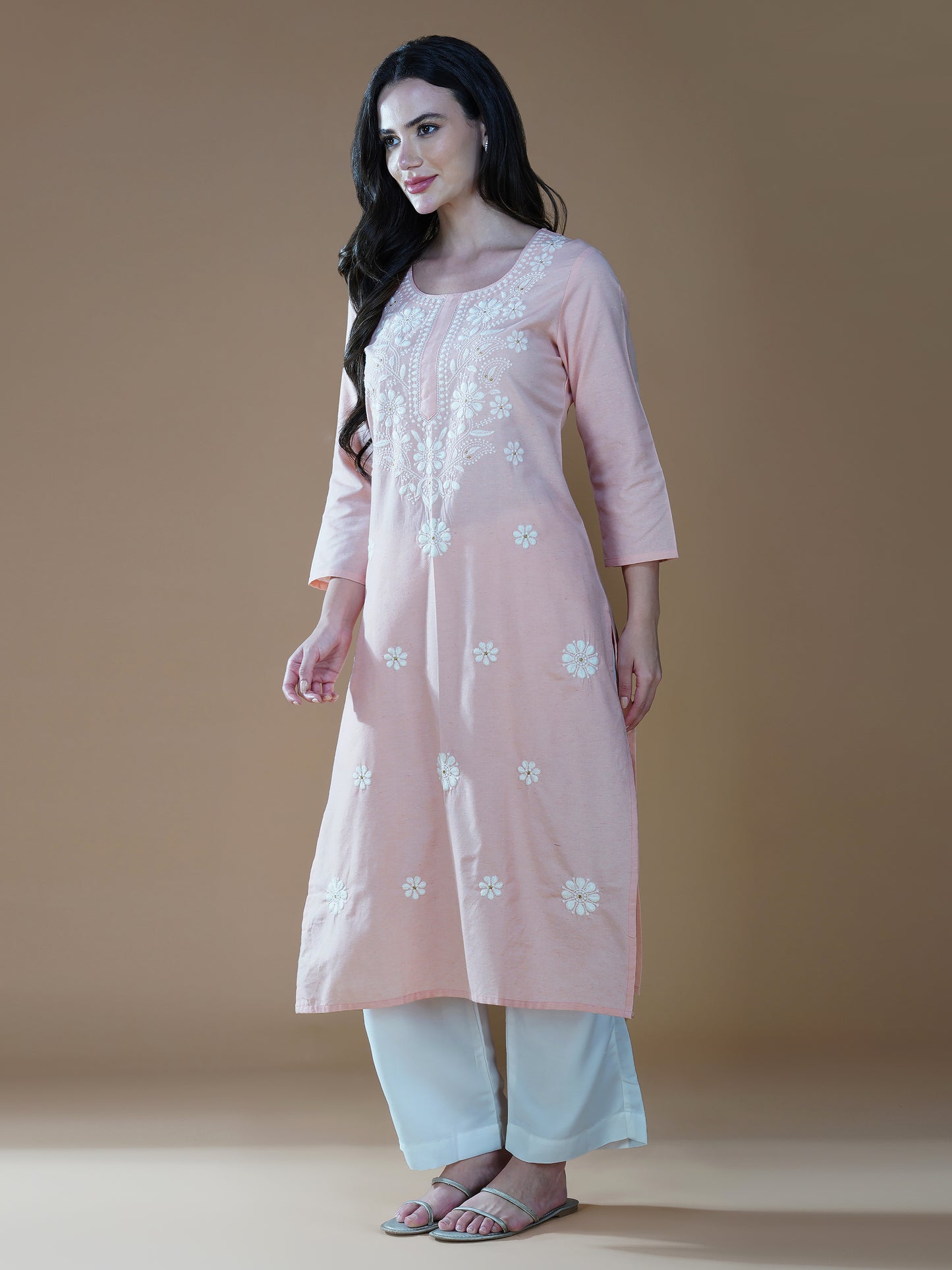 Peach Bliss Cotton Chikankari Embroidered Kurti