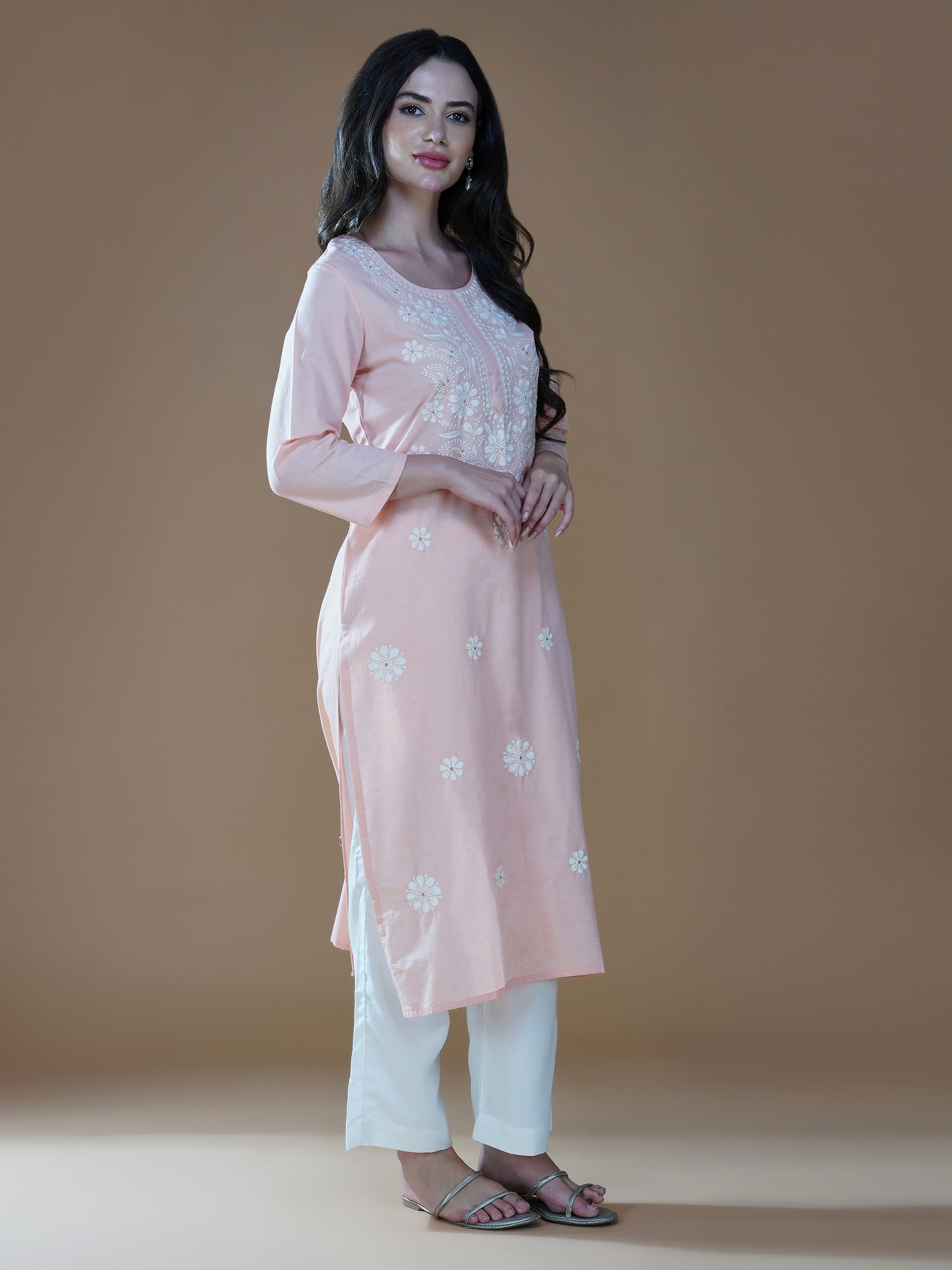 Peach Bliss Cotton Chikankari Embroidered Kurti