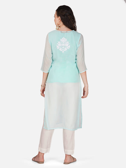 Aqua Blue Lucknowi Chikankari Embroidered Kurta Set