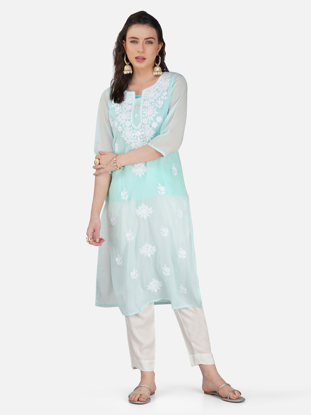 Aqua Blue Lucknowi Chikankari Embroidered Kurta Set