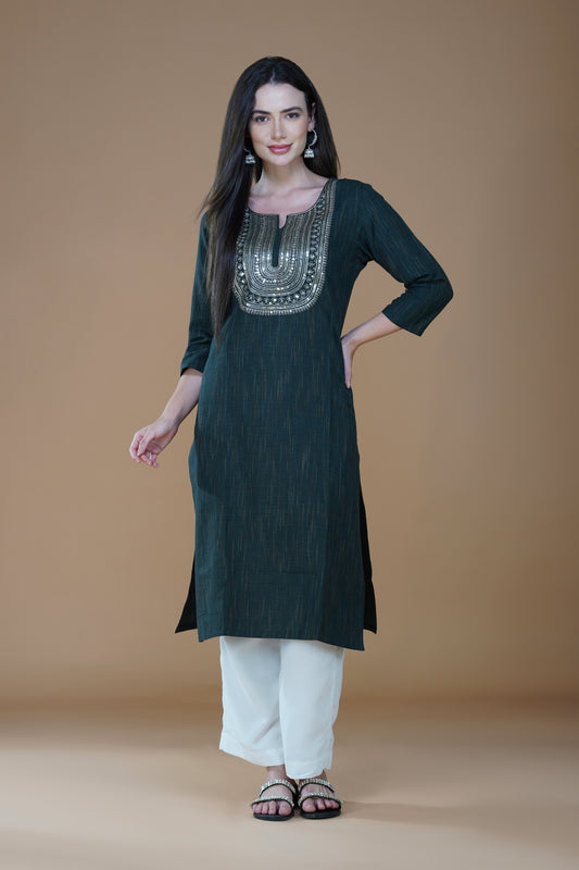 Emerald Charm Khadi Cotton Hand-Embroidered Kurti