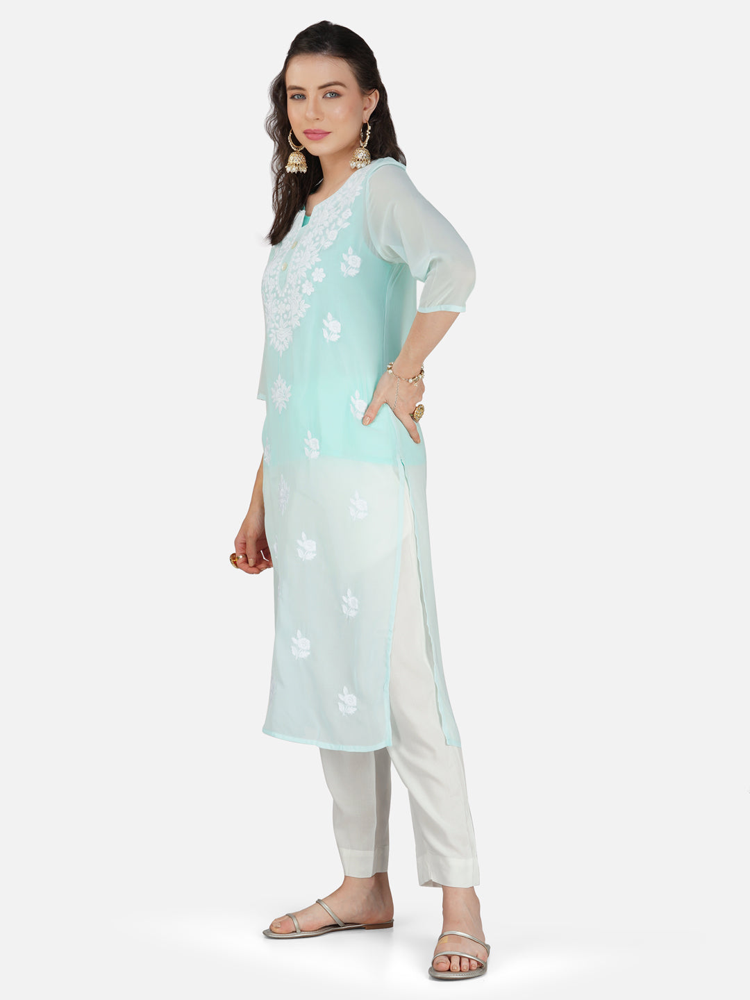 Aqua Blue Lucknowi Chikankari Embroidered Kurta Set