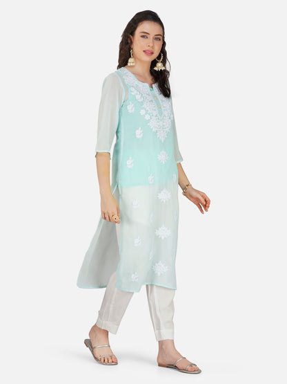 Aqua Blue Lucknowi Chikankari Embroidered Kurta Set