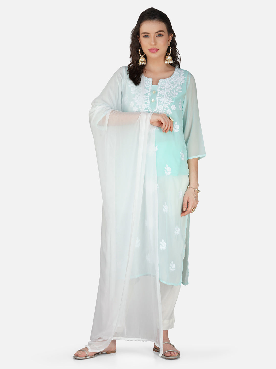 Aqua Blue Lucknowi Chikankari Embroidered Kurta Set