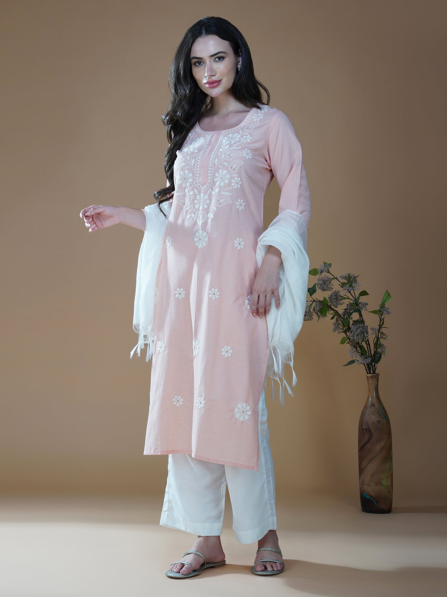 Peach Bliss Cotton Chikankari Embroidered Kurti