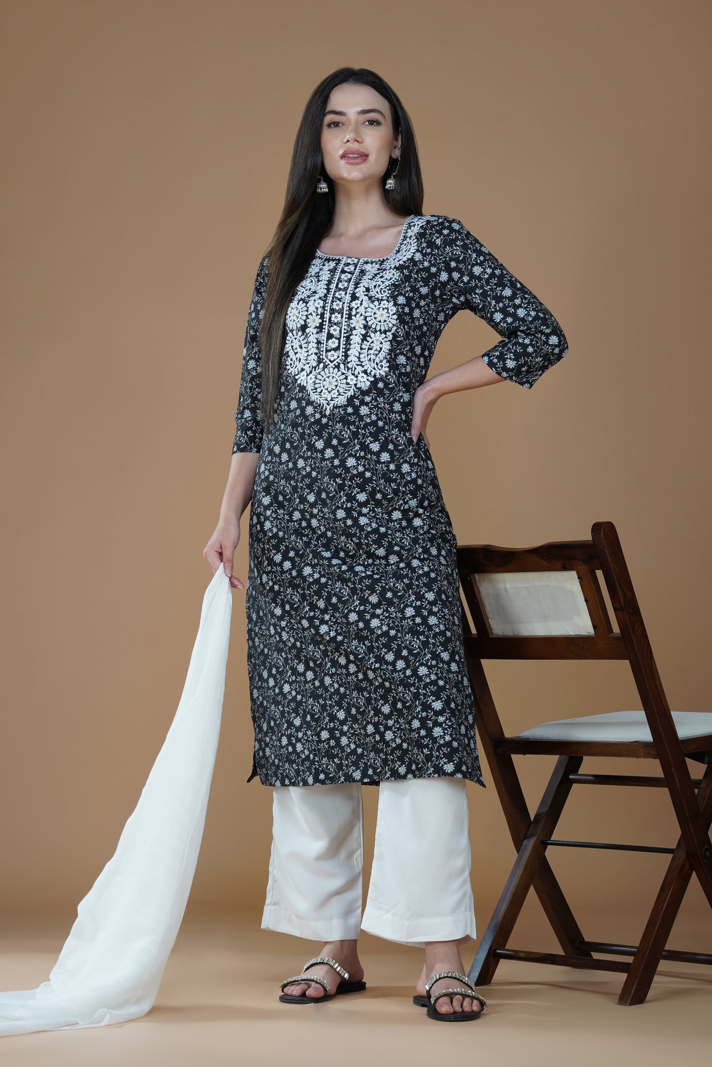 Midnight Black Floral Lucknowi Hand Chikankari Cotton Kurta Set