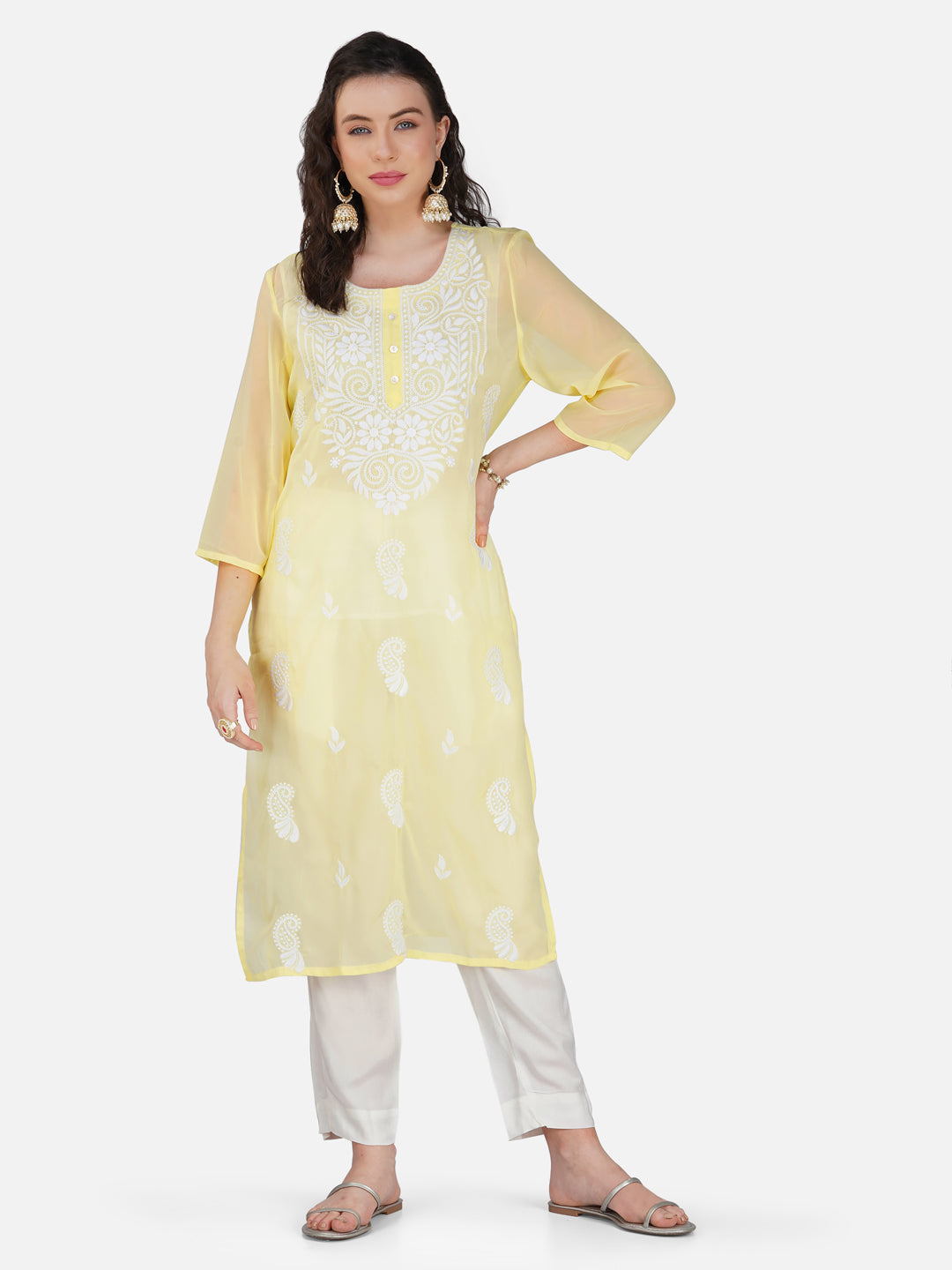 Lemon Yellow Paisley Lucknowi Chikankari Embroidered Kurta Set