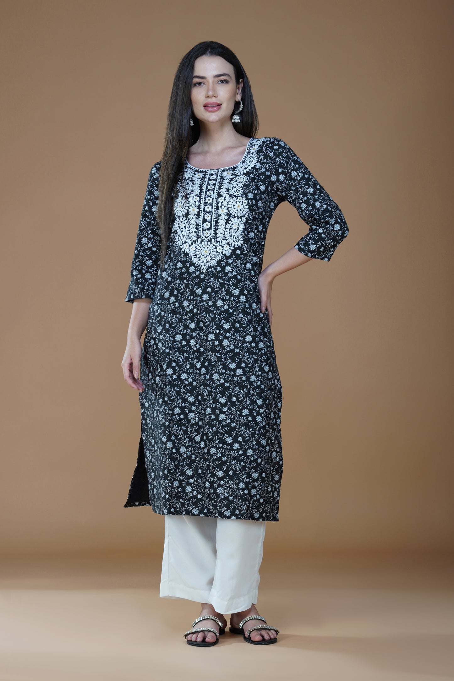 Midnight Black Floral Lucknowi Chikankari Cotton Kurta Set