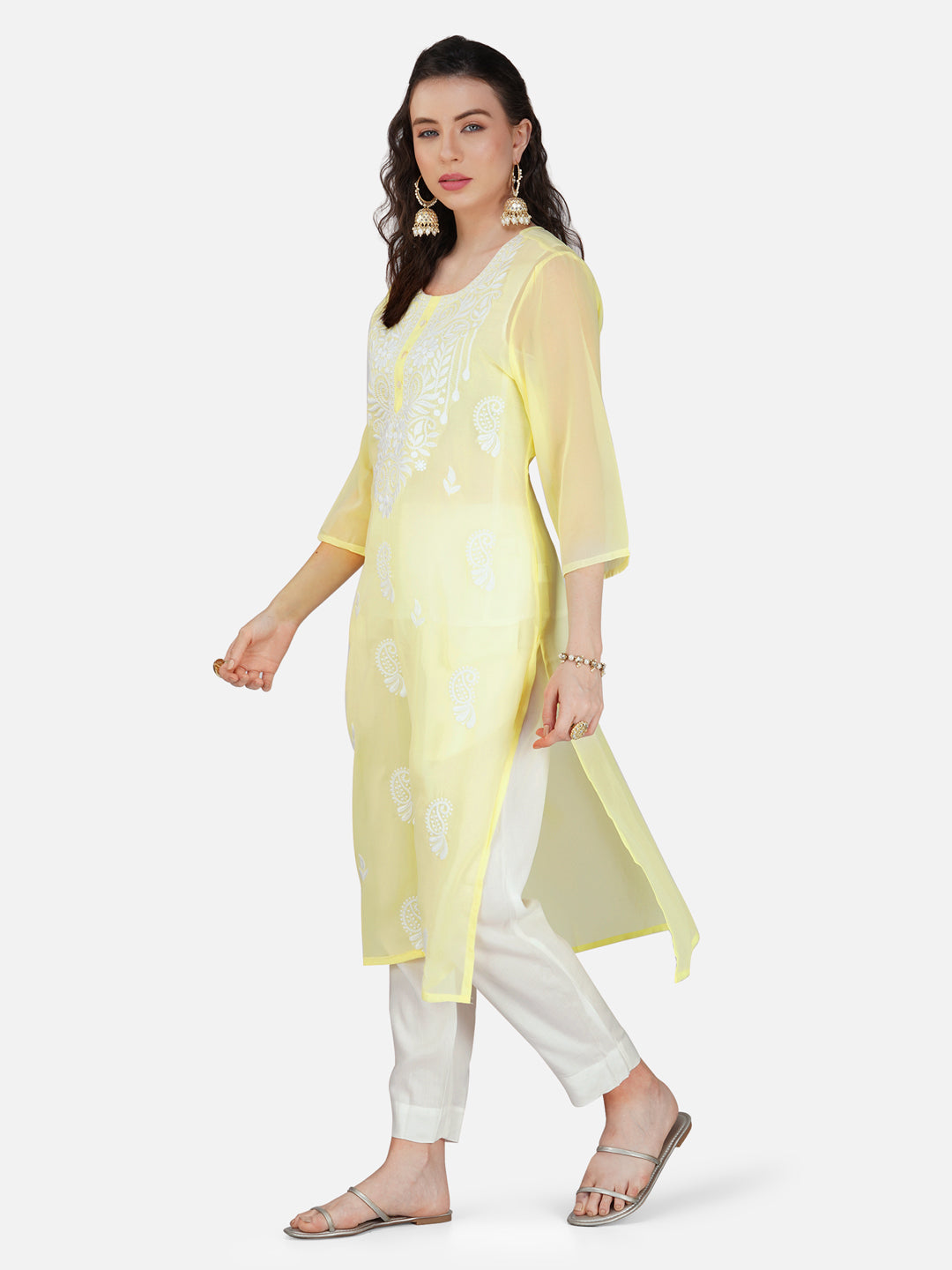 Lemon Yellow Paisley Lucknowi Chikankari Embroidered Kurta Set