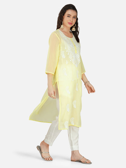 Lemon Yellow Paisley Lucknowi Chikankari Embroidered Kurta Set