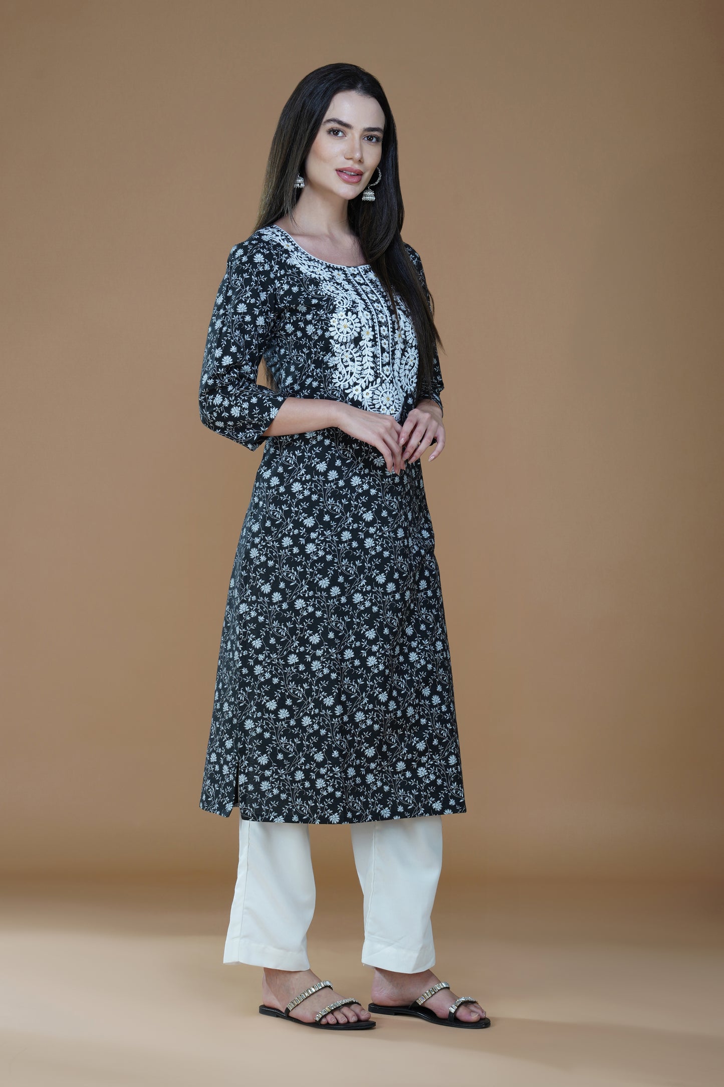 Midnight Black Floral Lucknowi Chikankari Cotton Kurta Set