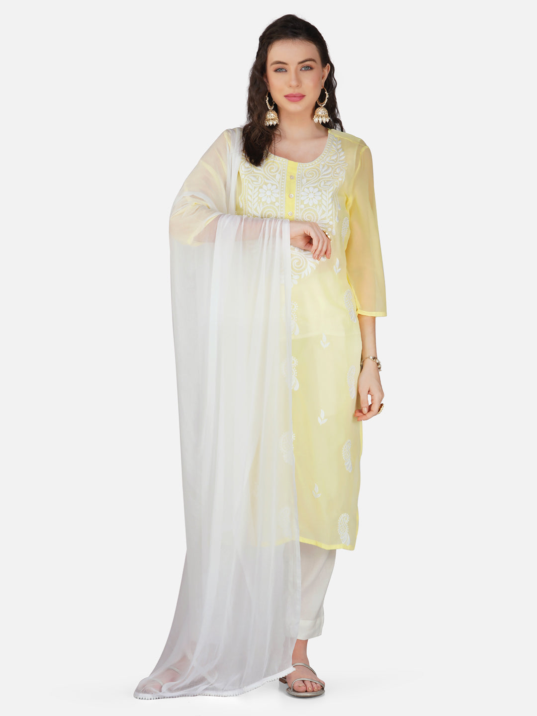 Lemon Yellow Paisley Lucknowi Chikankari Embroidered Kurta Set