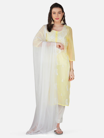 Lemon Yellow Paisley Lucknowi Chikankari Embroidered Kurta Set