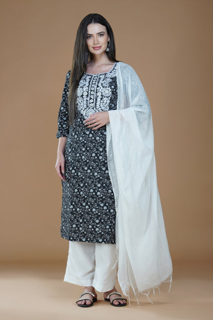 Midnight Black Floral Lucknowi Chikankari Cotton Kurta Set