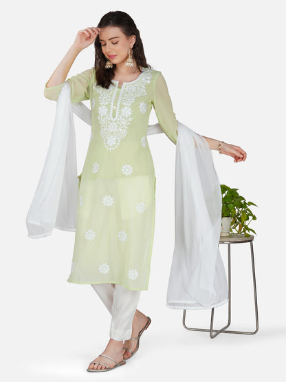 Light Green Lucknowi Chikankari Embroidered Kurta Set