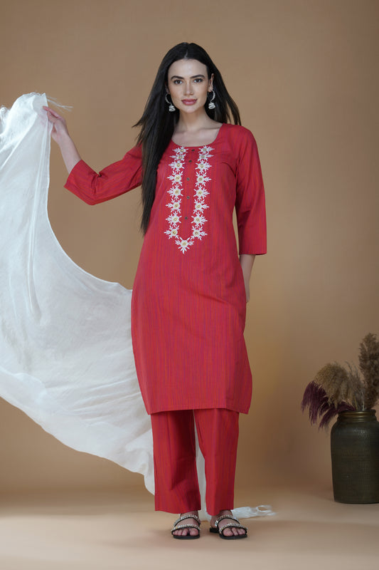 Ember Red Cotton Lucknowi Hand Chikankari Kurta Set