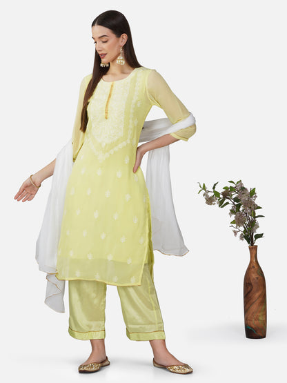 Lemon Yellow Straight Lucknowi Chikankari Kurta Set