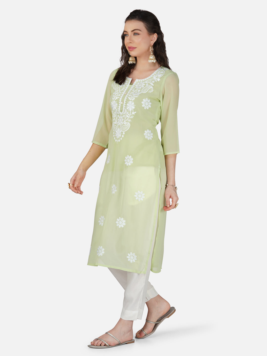 Light Green Lucknowi Chikankari Embroidered Kurta Set