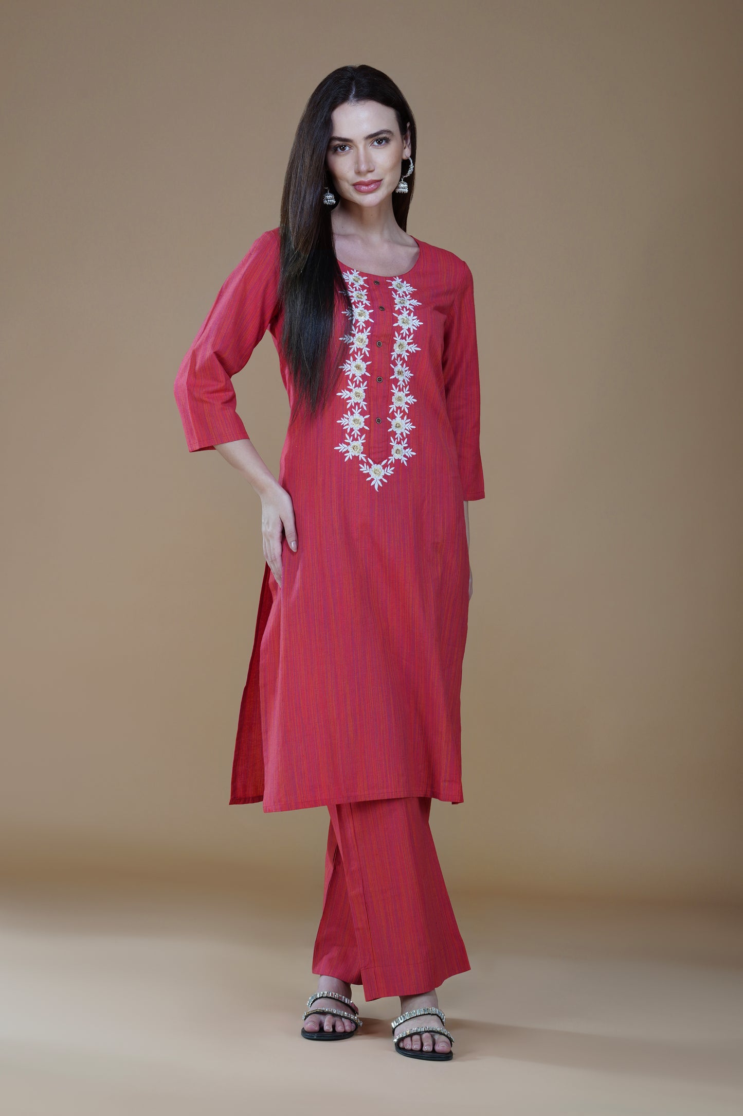 Ember Red Cotton Lucknowi Chikankari Kurta Set