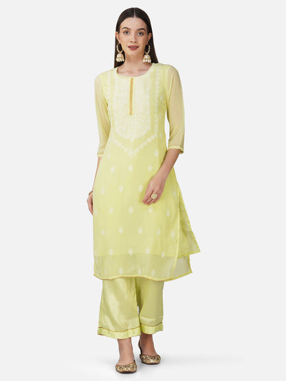 Lemon Yellow Straight Lucknowi Chikankari Kurta Set