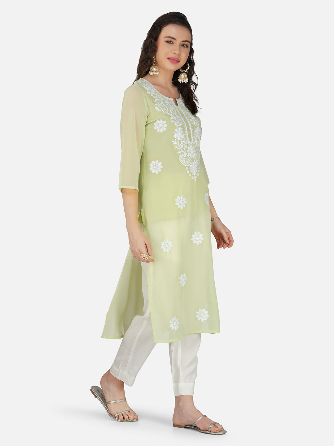 Light Green Lucknowi Chikankari Embroidered Kurta Set