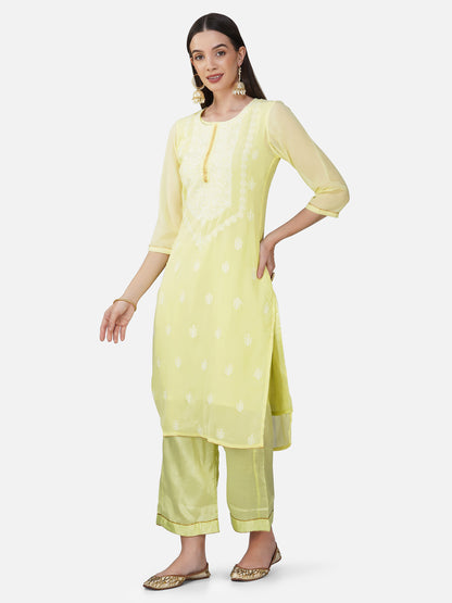 Lemon Yellow Straight Lucknowi Chikankari Kurta Set