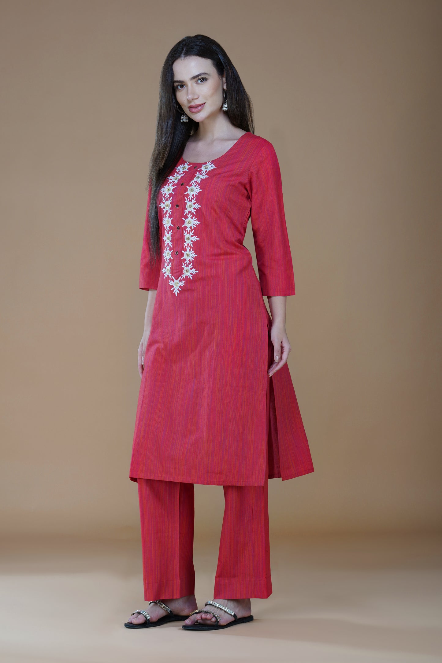 Ember Red Cotton Lucknowi Chikankari Kurta Set