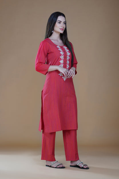 Ember Red Cotton Lucknowi Chikankari Kurta Set