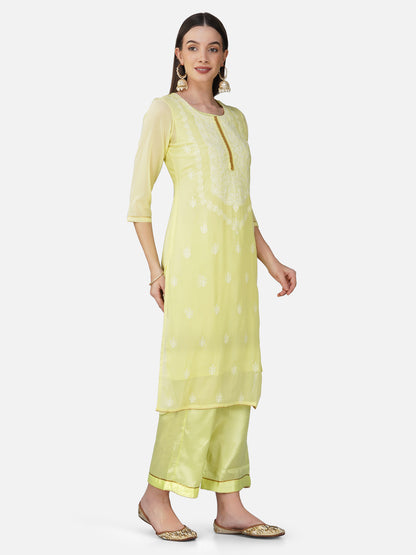 Lemon Yellow Straight Lucknowi Chikankari Kurta Set