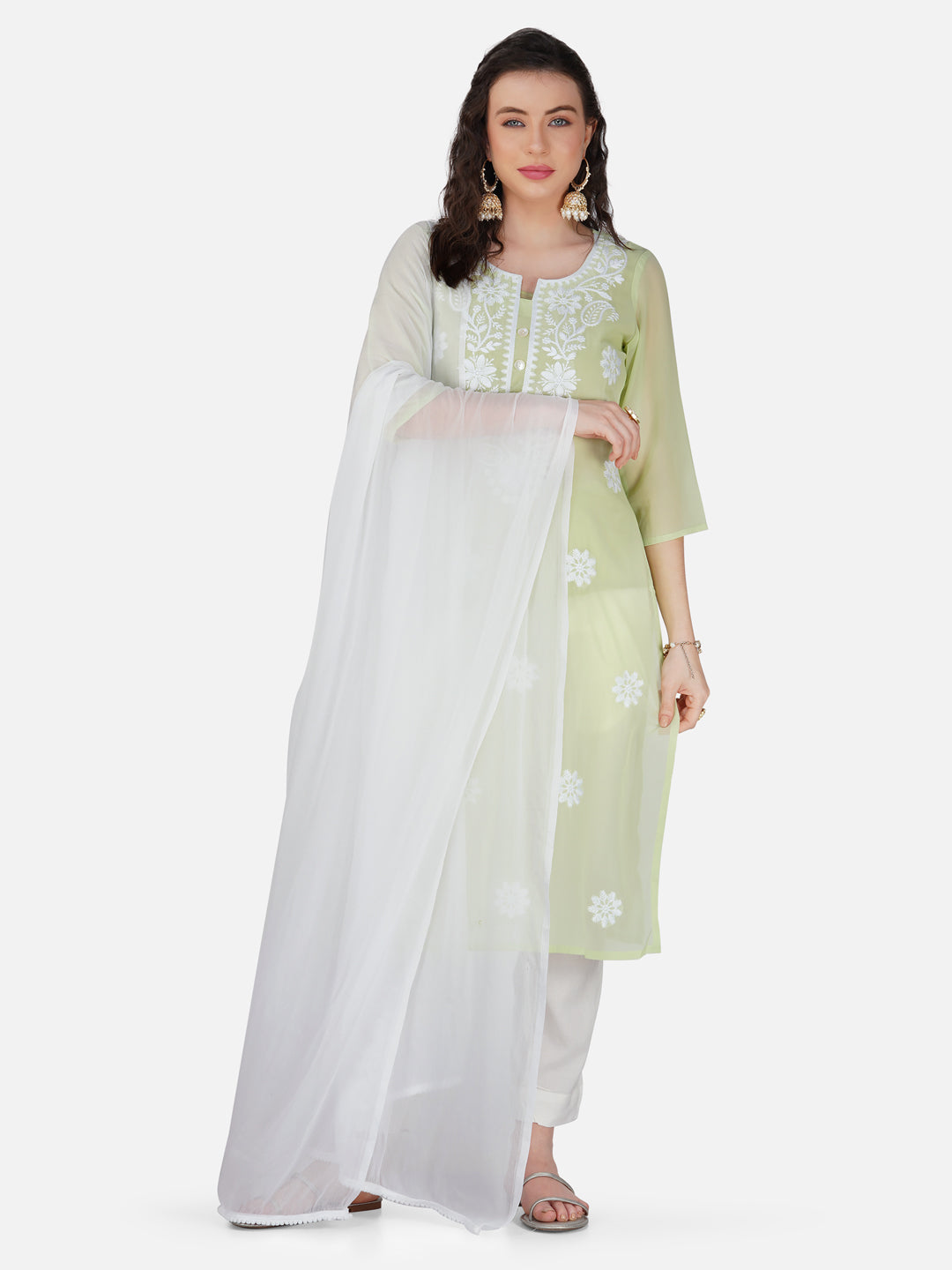 Light Green Lucknowi Chikankari Embroidered Kurta Set