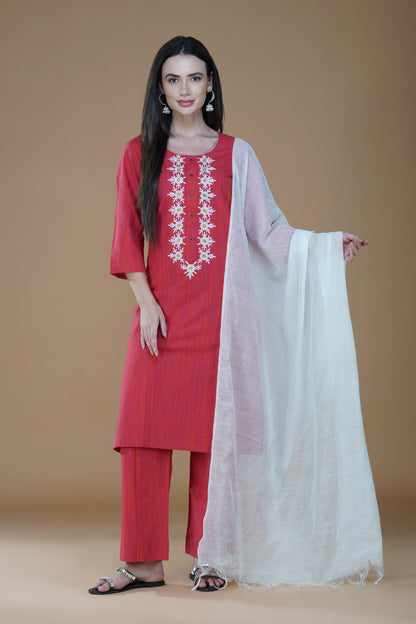 Ember Red Cotton Lucknowi Chikankari Kurta Set