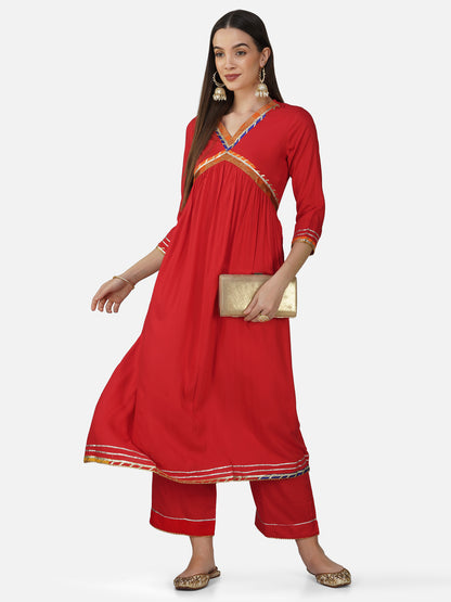 Red V-Neck Alia Cut Kurta Set