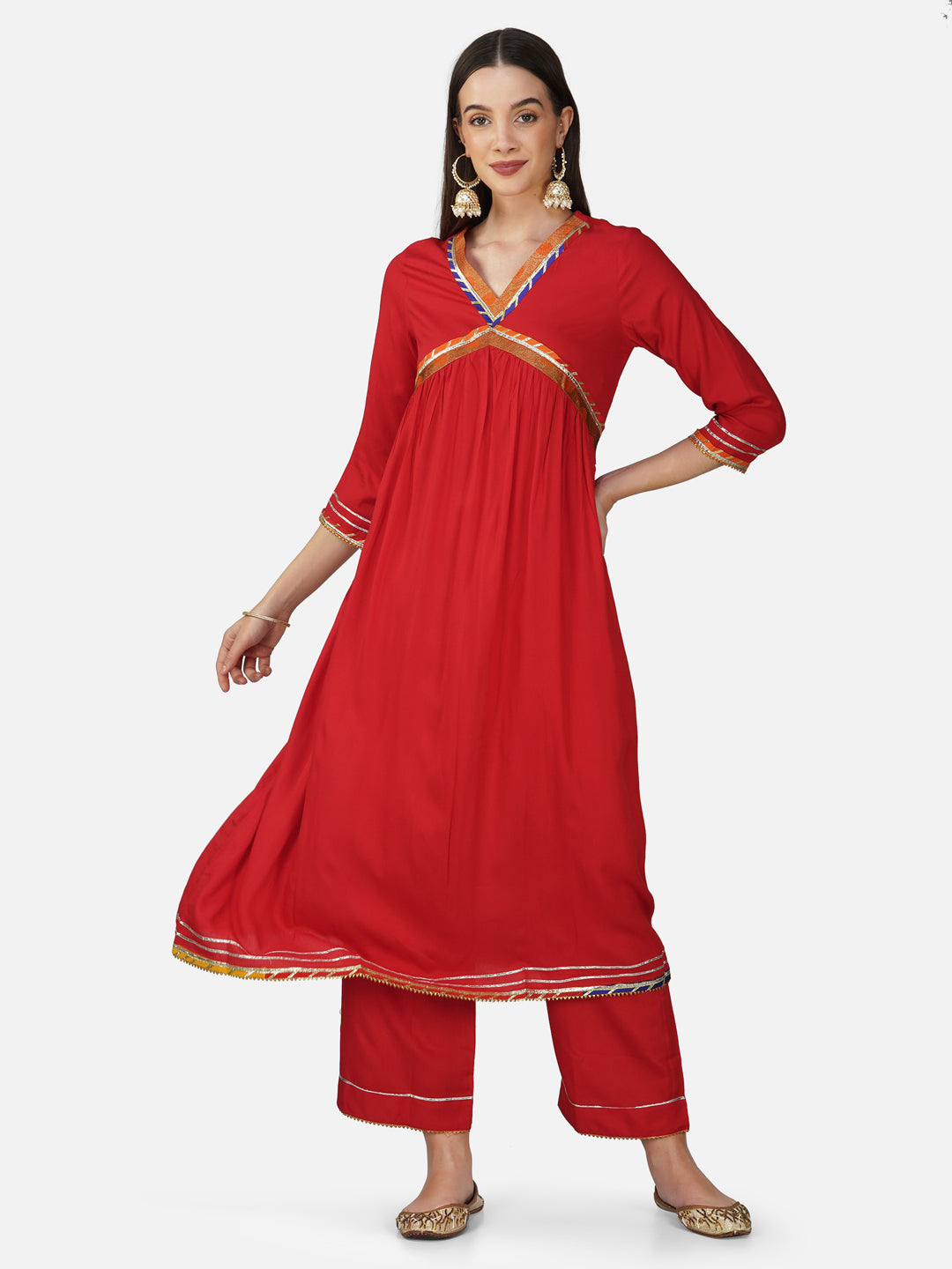 Red V-Neck Alia Cut Kurta Set