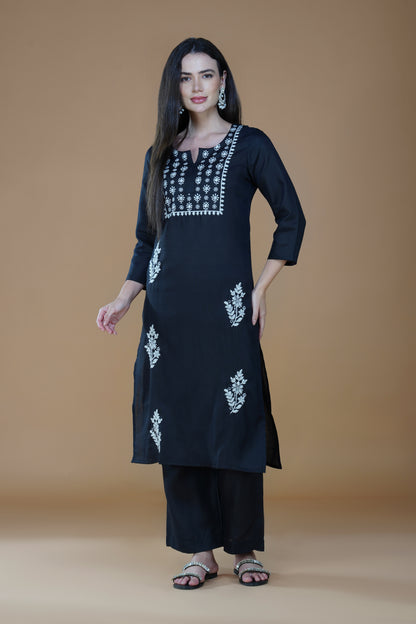 Eclipse Black Rayon Chikankari Hand-Embroidered Kurta Set