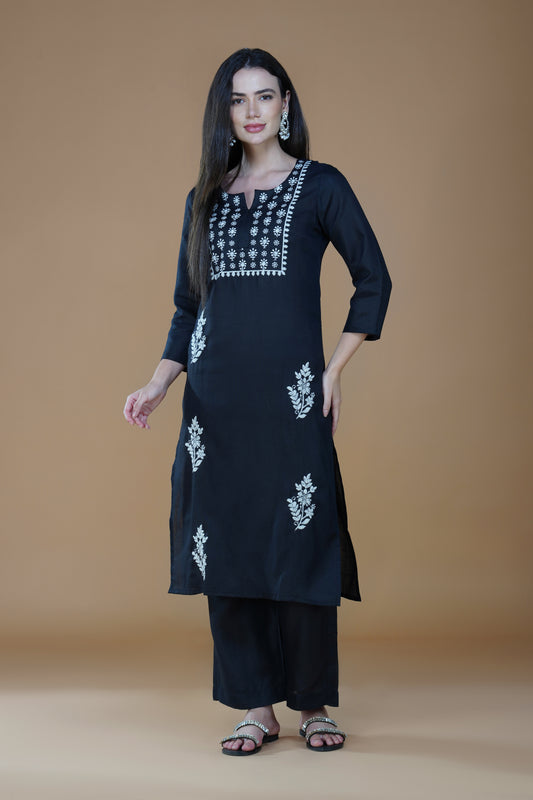 Eclipse Black Rayon Chikankari Hand-Embroidered Kurta Set