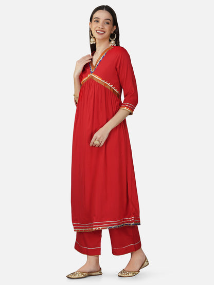 Red V-Neck Alia Cut Kurta Set