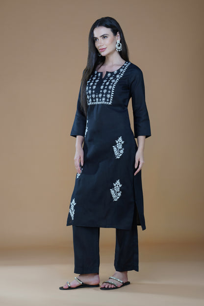 Eclipse Black Rayon Chikankari Hand-Embroidered Kurta Set