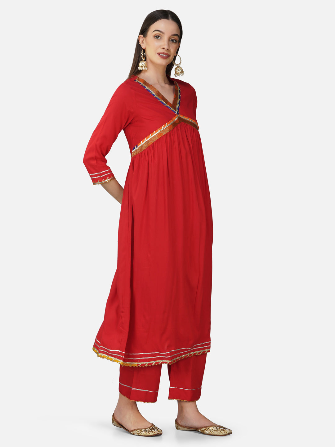 Red V-Neck Alia Cut Kurta Set