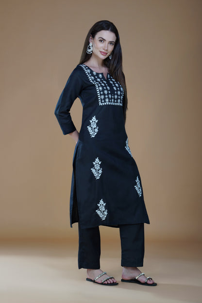 Eclipse Black Rayon Chikankari Hand-Embroidered Kurta Set