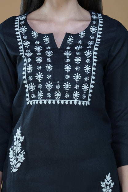 Eclipse Black Rayon Chikankari Hand-Embroidered Kurta Set