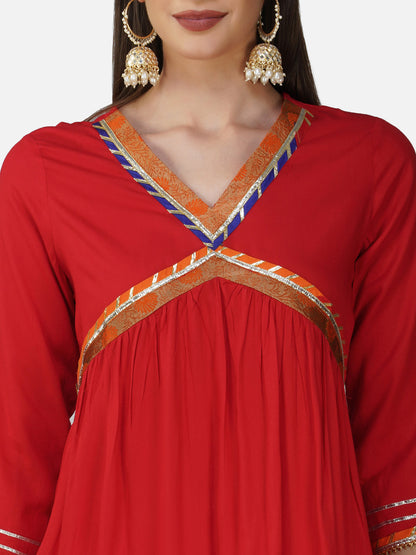 Red V-Neck Alia Cut Kurta Set