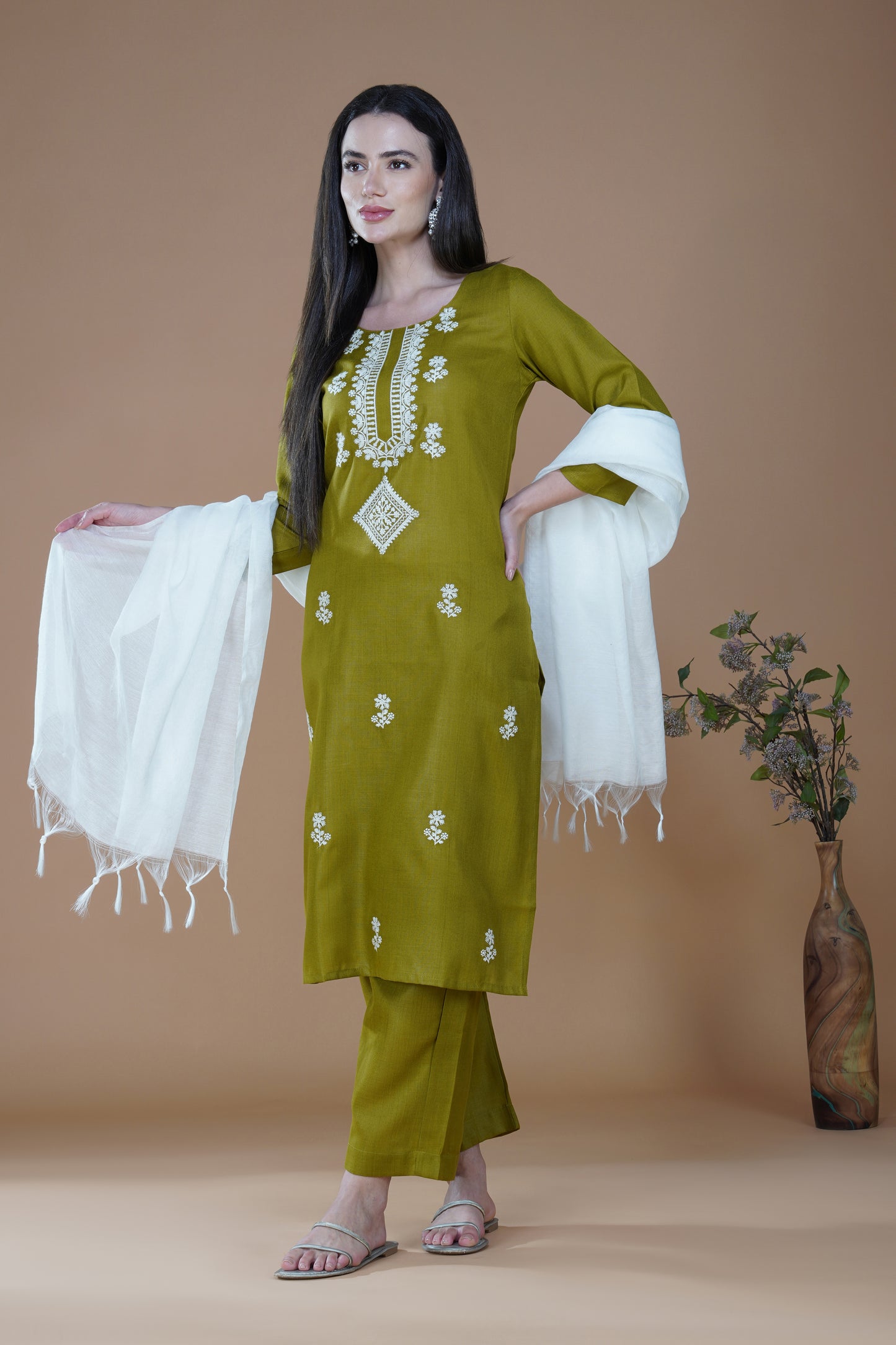 Olive Enchantment 3-Piece Poly Cotton Lucknowi Chikankari Suit