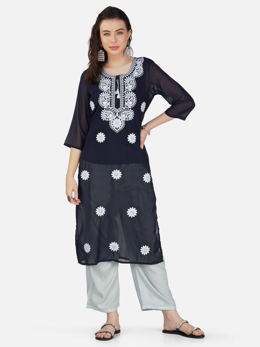 Elegant Navy Blue Lucknowi Chikankari Embroidered Kurta Set