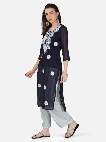 Elegant Navy Blue Lucknowi Chikankari Embroidered Kurta Set