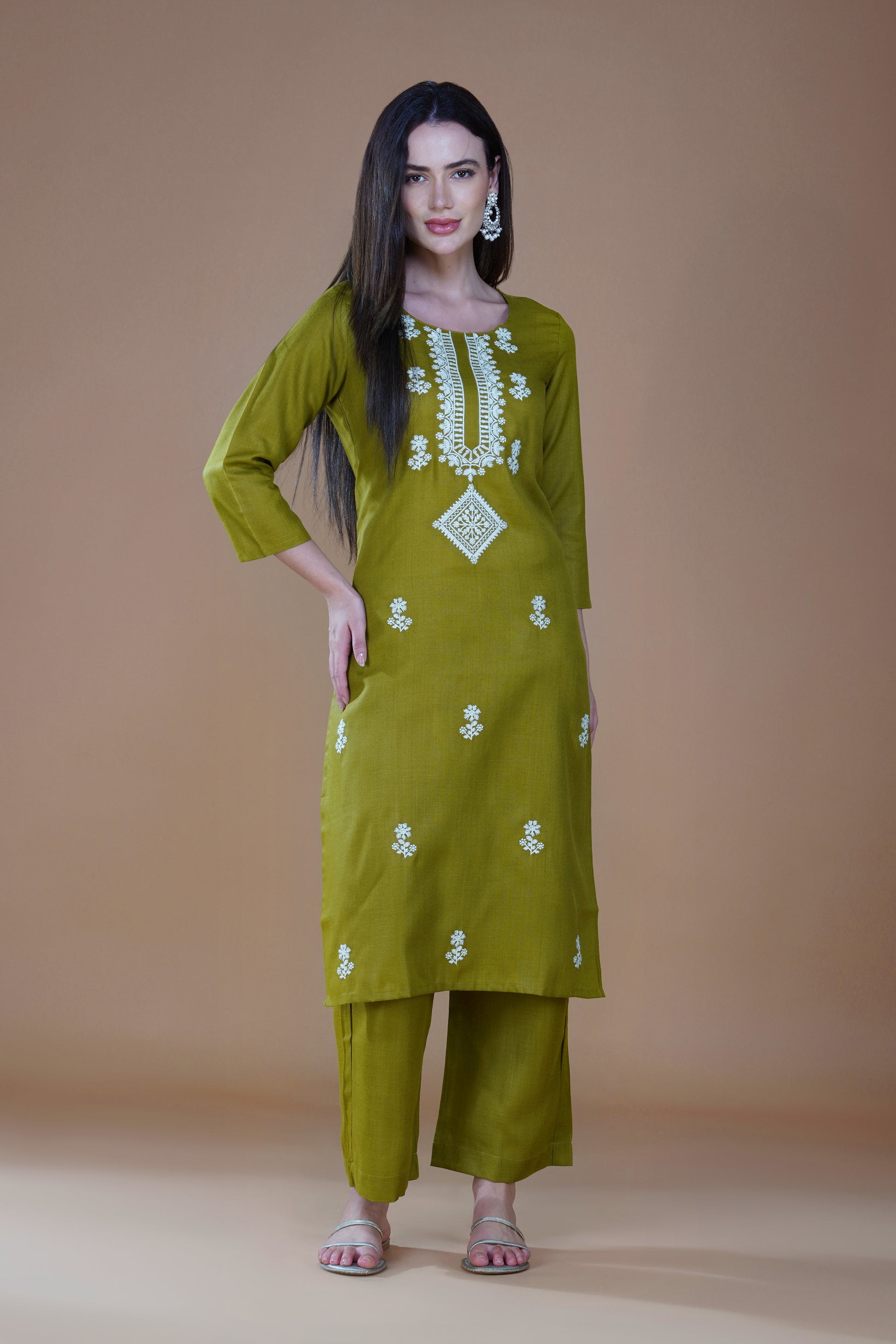 Olive Enchantment 3-Piece Poly Cotton Handcrafted Lucknowi Hand Chikankari Suit