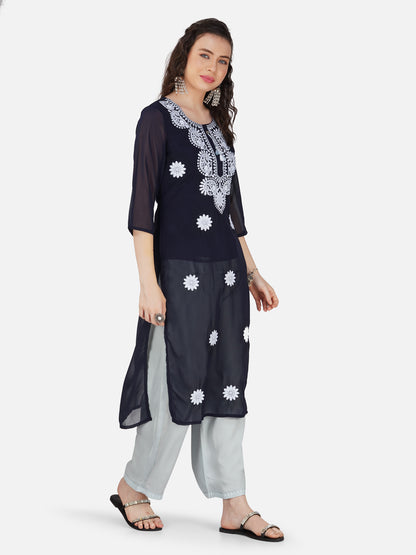 Elegant Navy Blue Lucknowi Chikankari Embroidered Kurta Set
