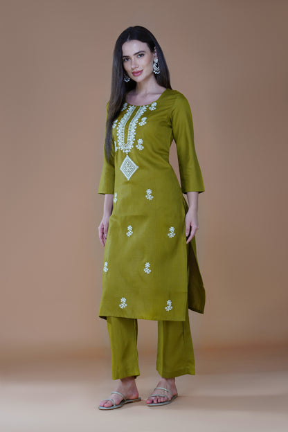 Olive Enchantment 3-Piece Poly Cotton Lucknowi Chikankari Suit